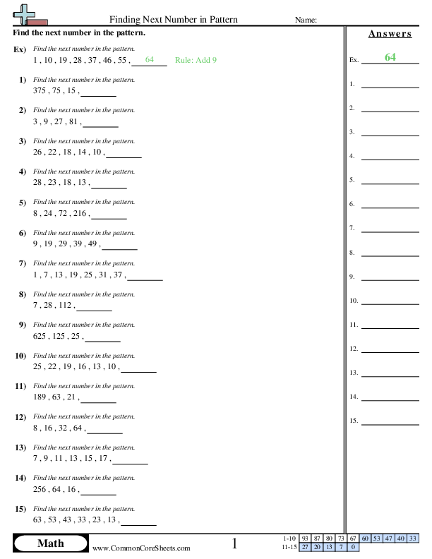 Pattern Missing Number Worksheet - Pattern Missing Number worksheet